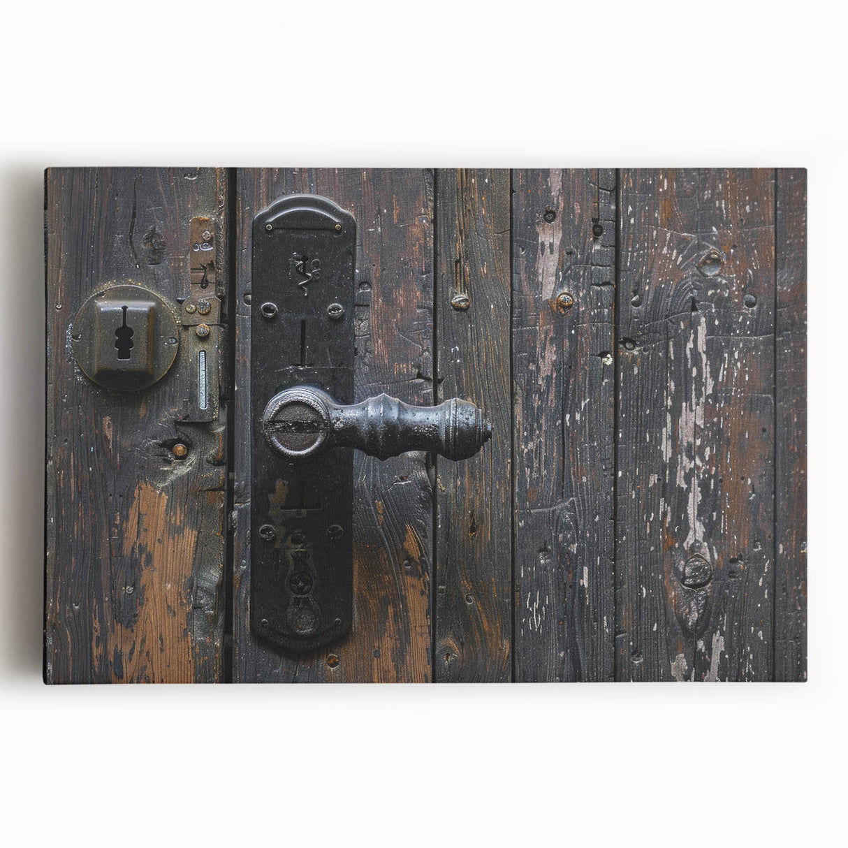 Large black and white photo of architectural hardware on stretched canvas, suitable for kitchen wall art.