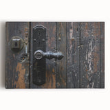 Large black and white photo of architectural hardware on stretched canvas, suitable for kitchen wall art.