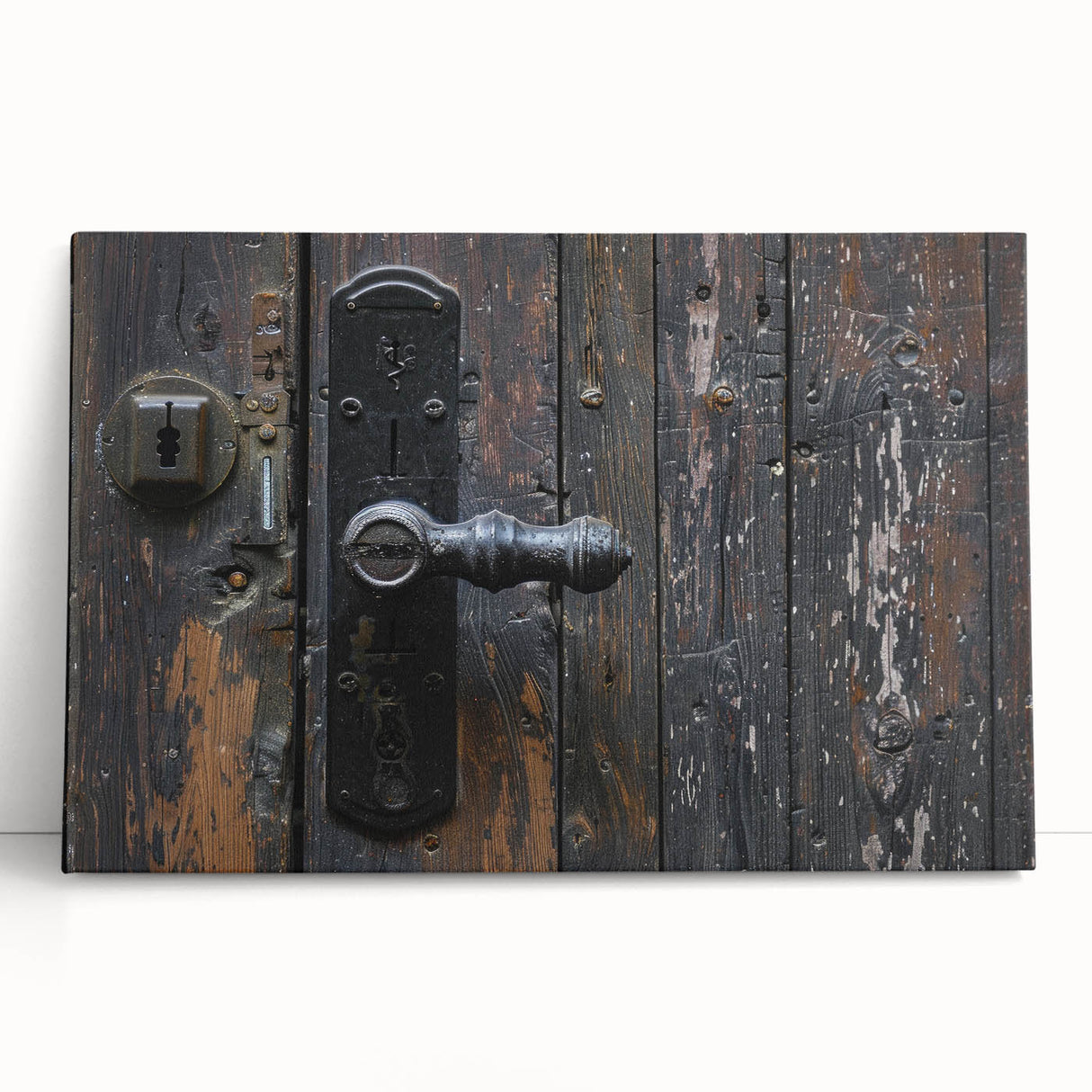 Black and white photo of architectural hardware designs on a large stretched canvas.