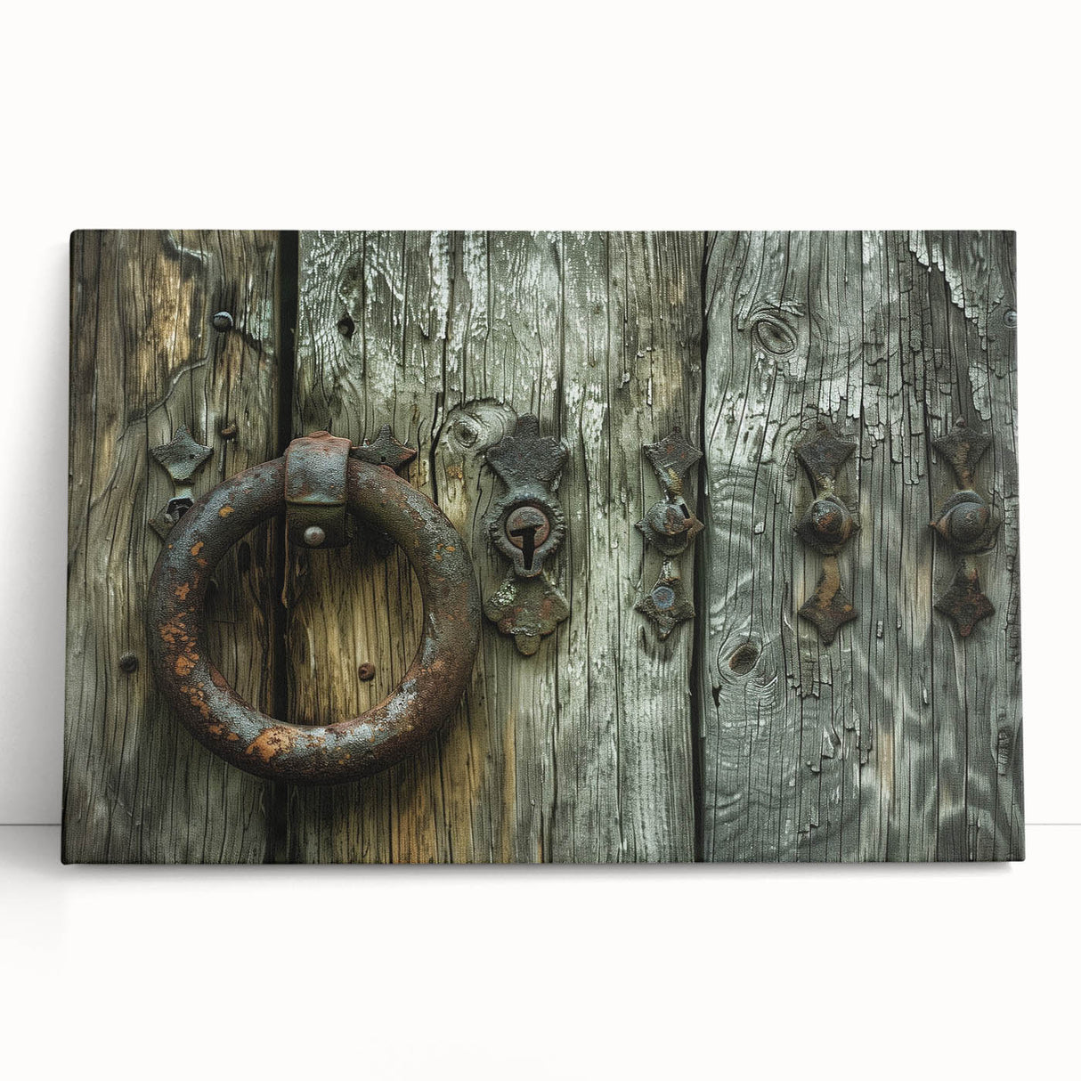 Black and white large art of architectural hardware designs on stretched canvas.