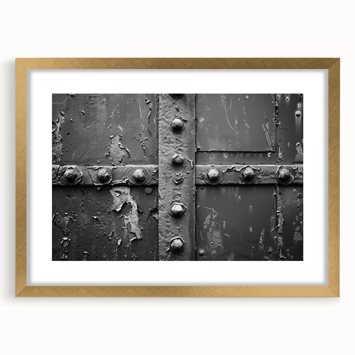 Textured abstract art print in gold and white tones, framed in gold, ideal for bedroom wall decor.