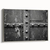 Vintage poster art of architectural hardware designs on a framed canvas, featuring black and colorful elements.