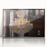 Mid-century modernist art deco poster featuring architectural hardware designs in gold and black tones, framed acrylic.