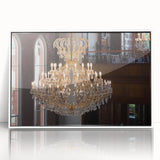 Large art print of a mid-century modernist architectural design in muted grays and whites, acrylic framed.