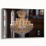 Vintage poster art of architectural designs in black and colorful hues on extra large framed canvas.