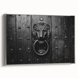 Framed canvas featuring a vintage poster art of architectural hardware in black with colorful accents.