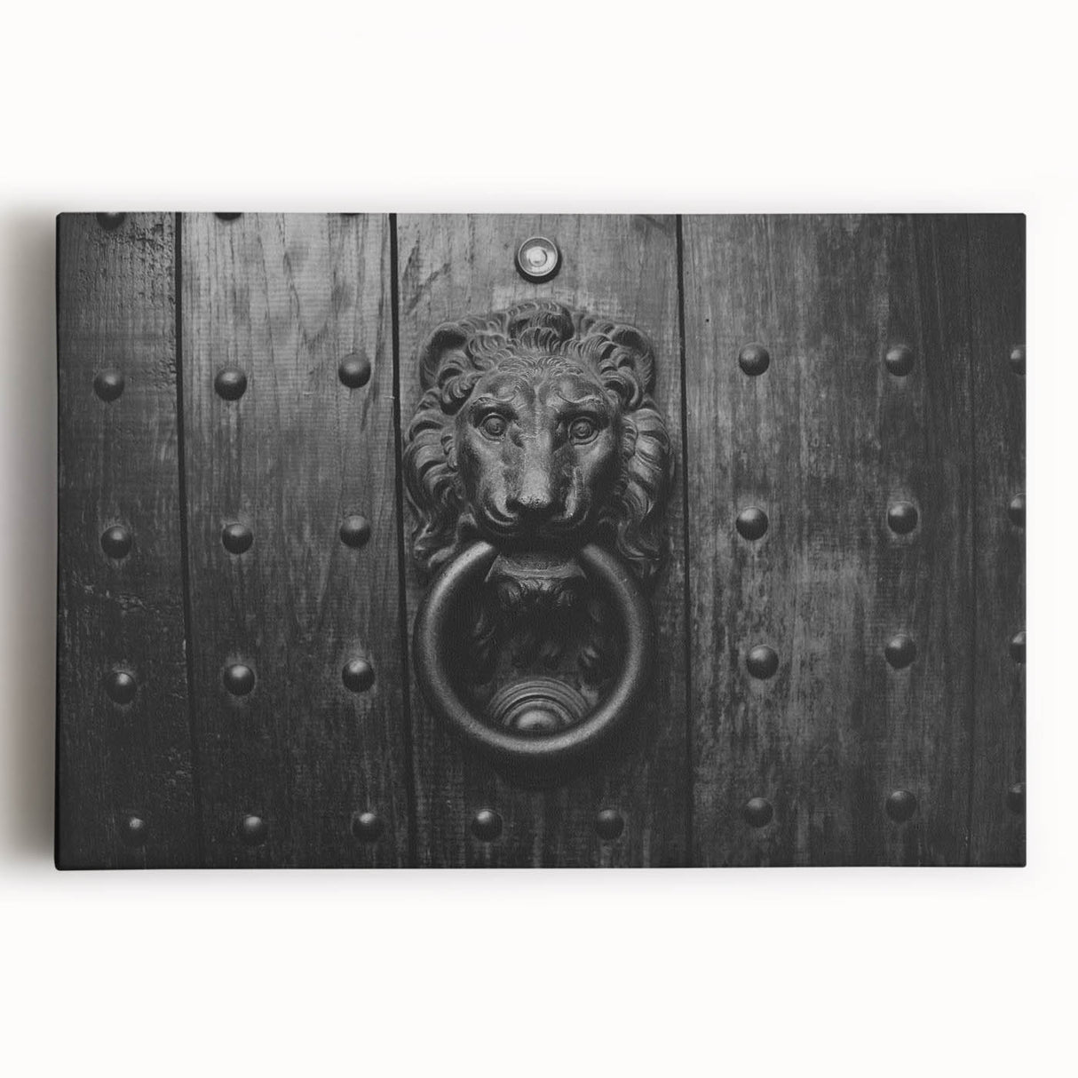 Large black and white stretched canvas of architectural hardware, ideal for kitchen wall art.