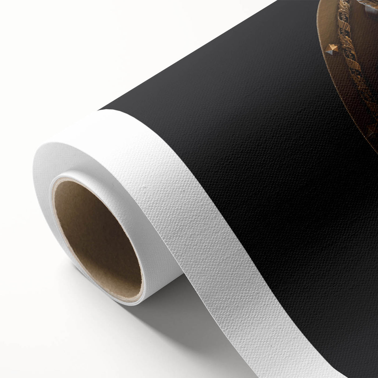 Art Deco poster featuring geometric patterns in gold and black on rolled canvas.