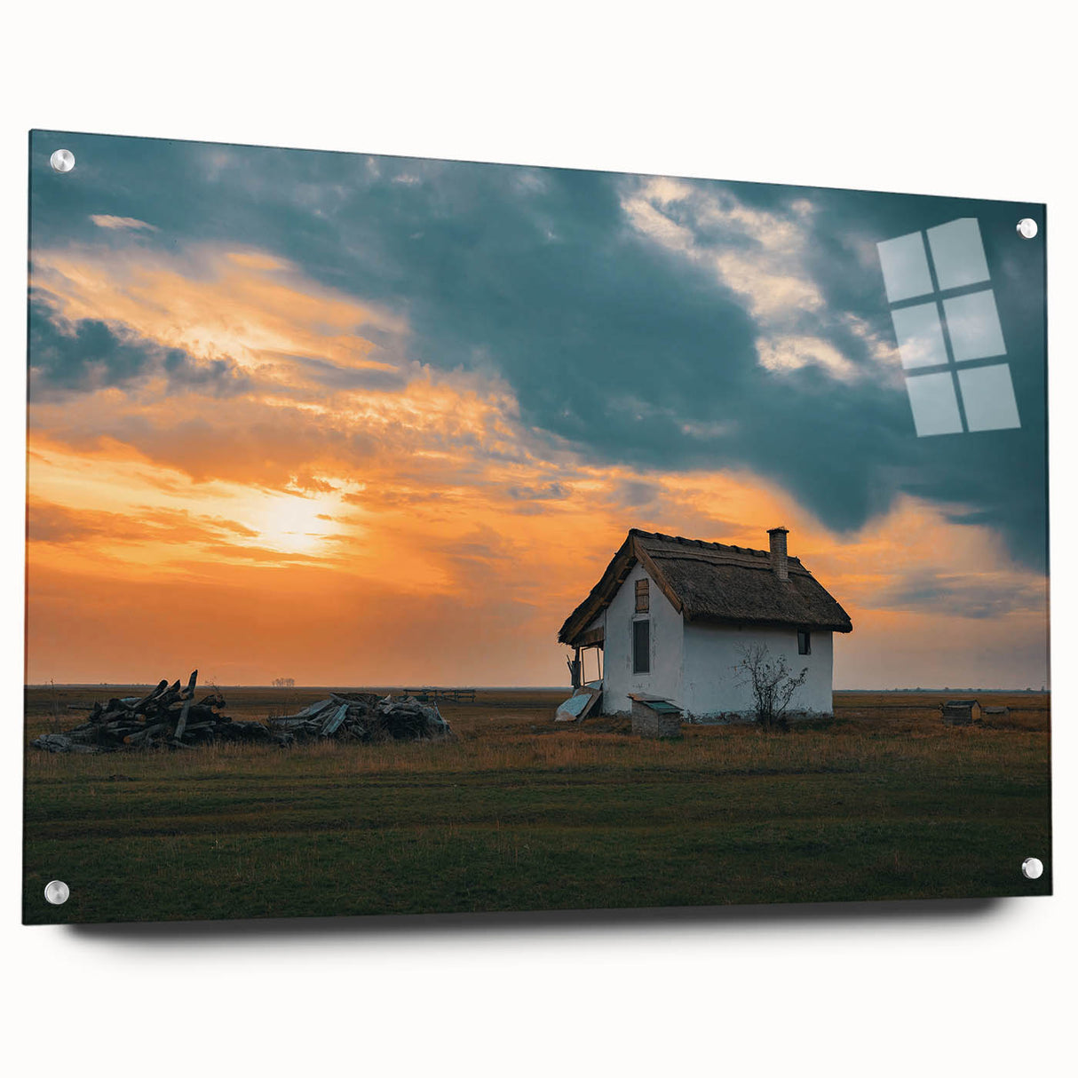 Large abstract wall art on acrylic glass featuring a blend of geometric shapes in muted tones.