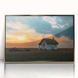 Mid-century modernist architecture in gold frame, acrylic print, with muted earth tones, ideal for modern art wall decor.