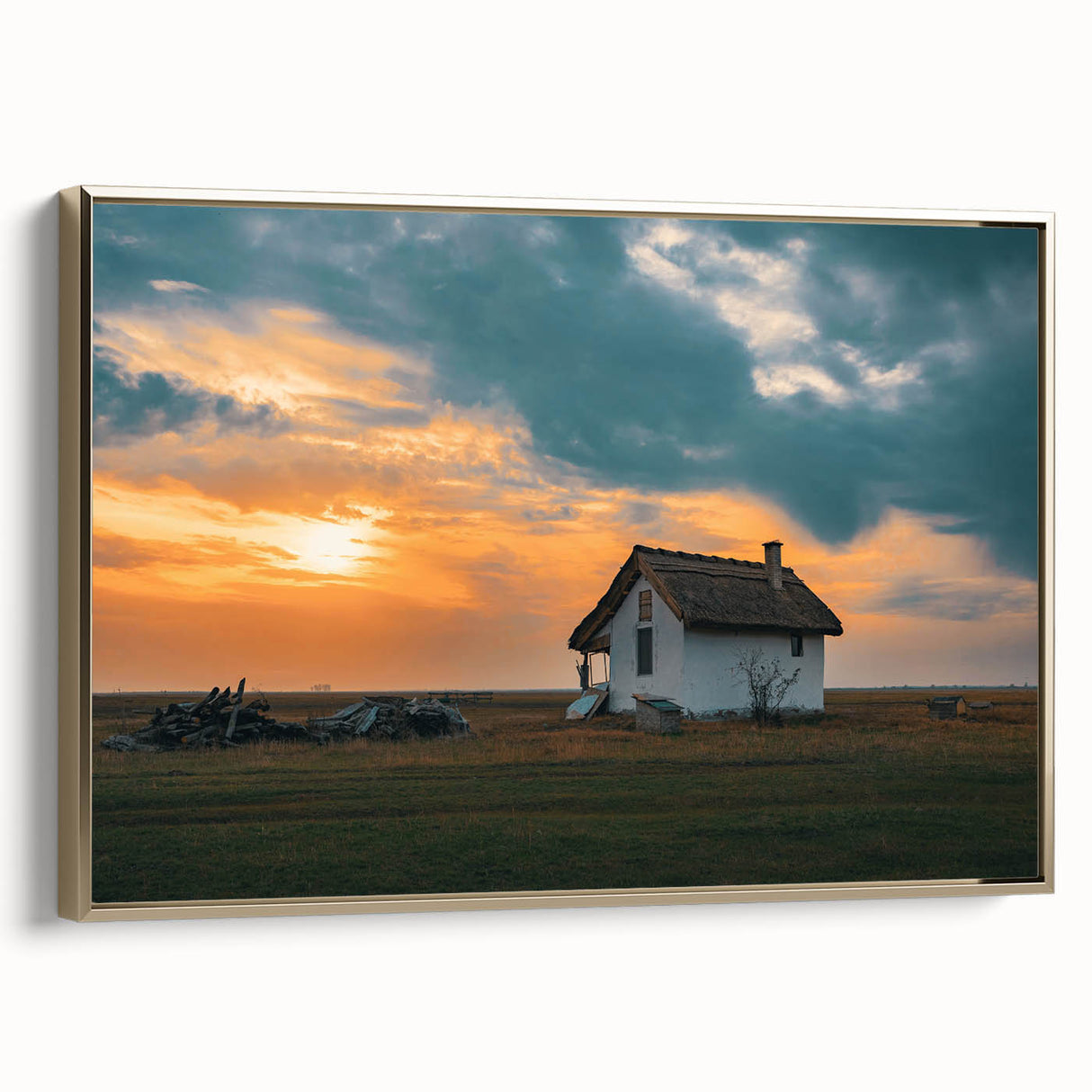 Framed canvas featuring vintage poster art of black and gold houses in a landscape, ideal for bedroom wall decor.