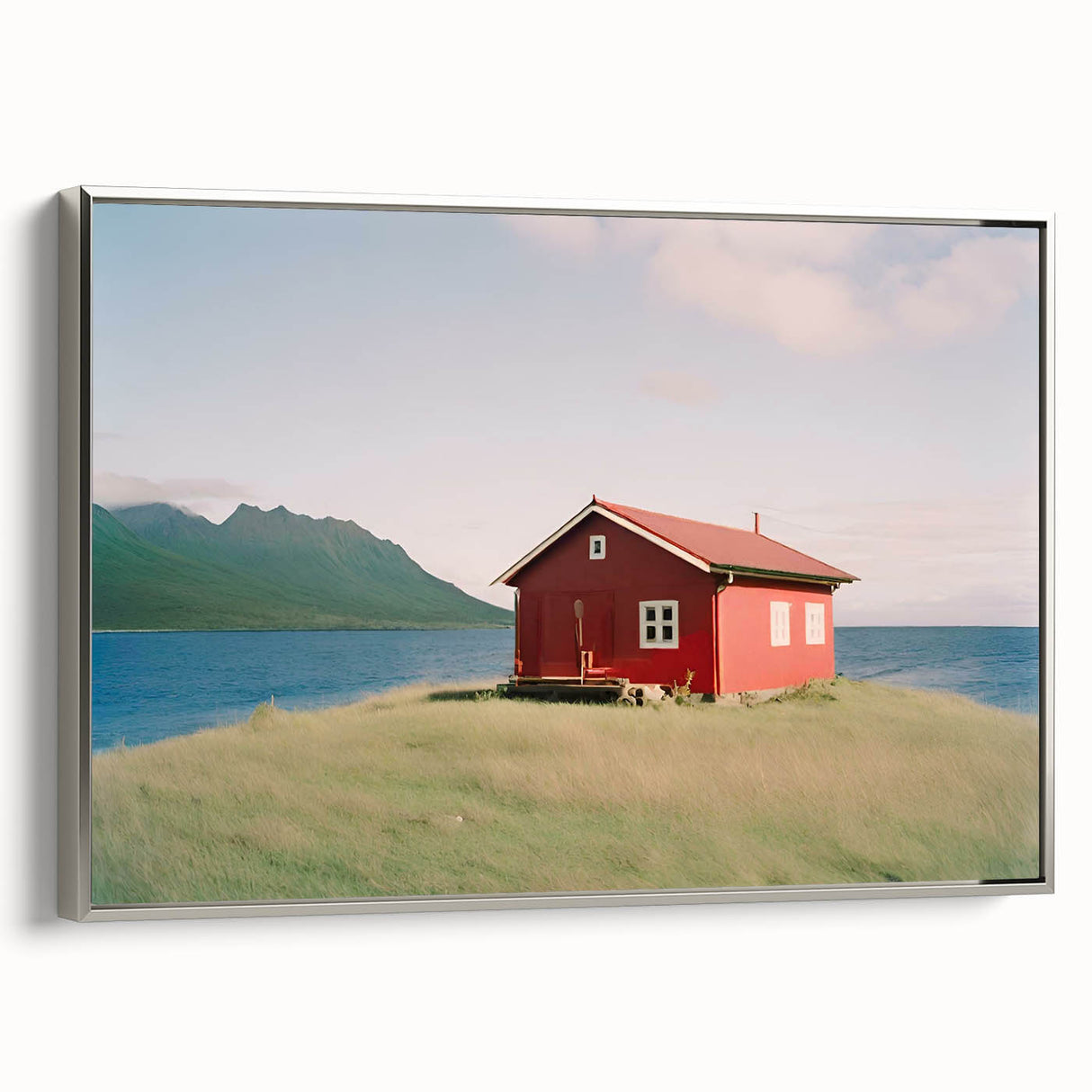 Framed canvas featuring a vintage poster art landscape with colorful houses and a black sky, ideal for living room decor.