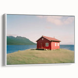 Vintage poster art of colorful, abstract house designs on a large framed canvas, ideal for living room decor.