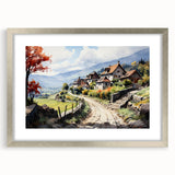 Textured abstract art print of architectural houses in muted gray tones on a silver-framed mat, suitable for bedroom decor.