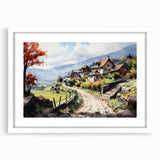 Abstract art print featuring geometric shapes in muted earth tones, framed in white, suitable for dining room decor.