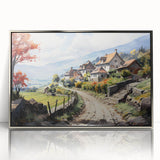 Mid-century modernist art depicting colorful geometric houses on a silver-framed acrylic print.