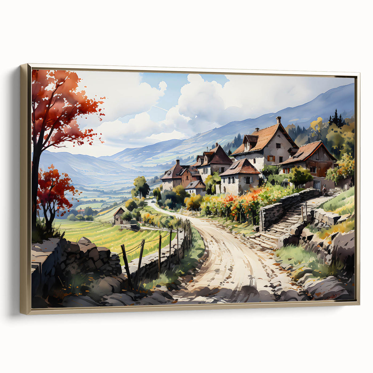 Framed canvas featuring a vintage-style landscape painting with muted earth tones, ideal for bedroom decor.