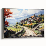 Framed canvas featuring a landscape of colorful vintage-style houses, ideal for adding a vibrant touch to a living room.