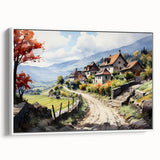 Vintage poster art featuring colorful abstract houses on extra large framed canvas, ideal for living room decor.