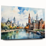 Large abstract wall art on acrylic featuring geometric shapes in muted earth tones, ideal for bedroom or dining room decor.