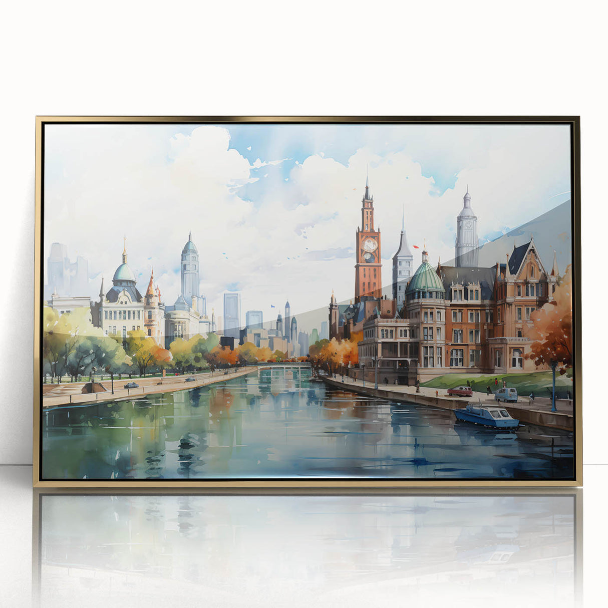 Mid-century modernist architecture, featuring houses in muted earth tones, acrylic print in gold frame.