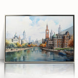 Mid-century modernist art featuring geometric houses in muted earth tones on a framed acrylic, ideal for nursery wall decor.