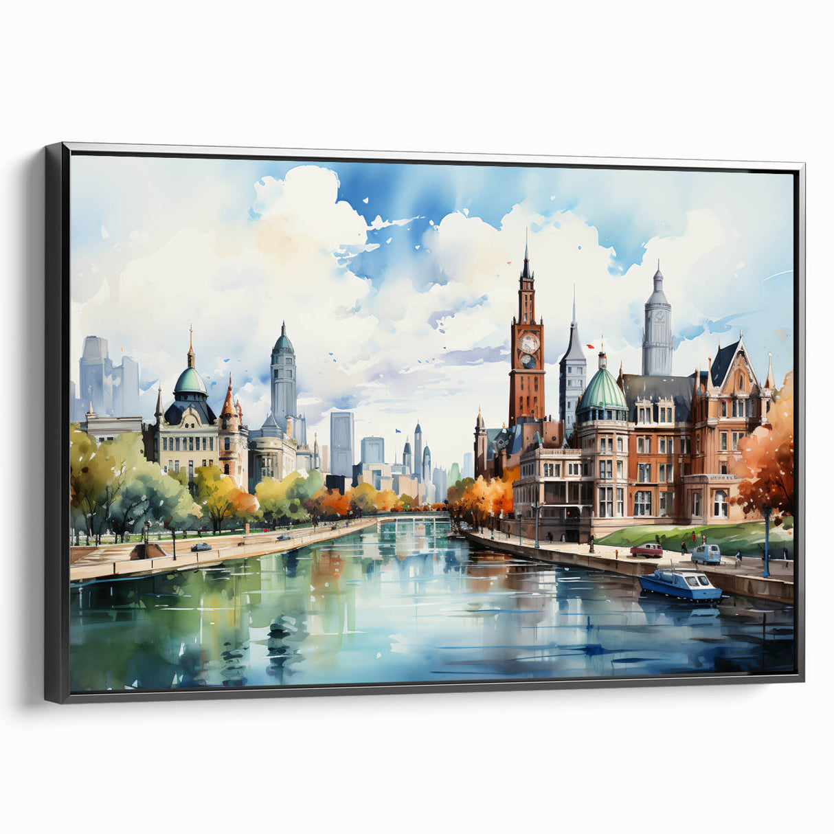 Black and white wall art featuring a vintage poster-style landscape painting on framed canvas, ideal for bedroom decor.