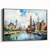 Black and white wall art featuring a vintage poster-style landscape painting on framed canvas, ideal for bedroom decor.