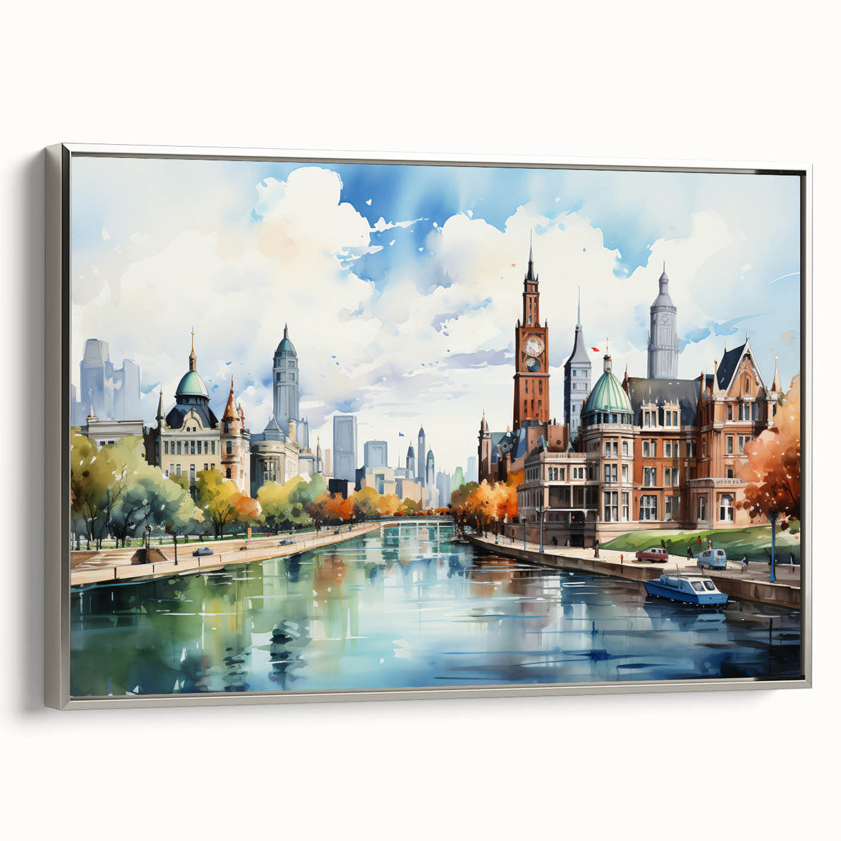 Landscape art painting of colorful houses in vintage poster style on a framed canvas, ideal for living room decor.