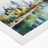 Art deco poster featuring a symmetrical design of architectural elements in muted gold and navy tones on rolled canvas.