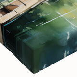 Large art depicting a black and white landscape of houses, printed on stretched canvas, suitable for bedroom wall decor.