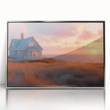 Mid-century modernist art depicting geometric houses in muted earth tones, acrylic print in a silver frame.