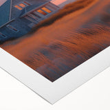 Art deco poster of a geometric skyline in muted gold and navy tones on rolled canvas, suitable for dining room decor.