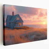 Large stretched canvas featuring a row of minimalist-style houses in muted earth tones, ideal for kitchen wall decor.