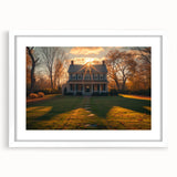 Abstract art print featuring geometric shapes in muted gray and blue tones on a framed white canvas.