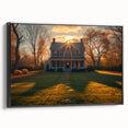 Framed canvas featuring a black and white vintage poster art of classic houses, ideal for bedroom wall decor.