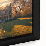 Extra large framed canvas featuring textured, colorful art of stylized black houses, suitable for living room decor.