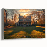 Framed canvas of a vintage landscape art painting featuring colorful houses in a row against a black background.