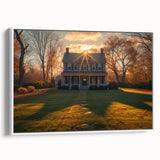 Vintage poster art featuring colorful, abstract architecture on a framed canvas.