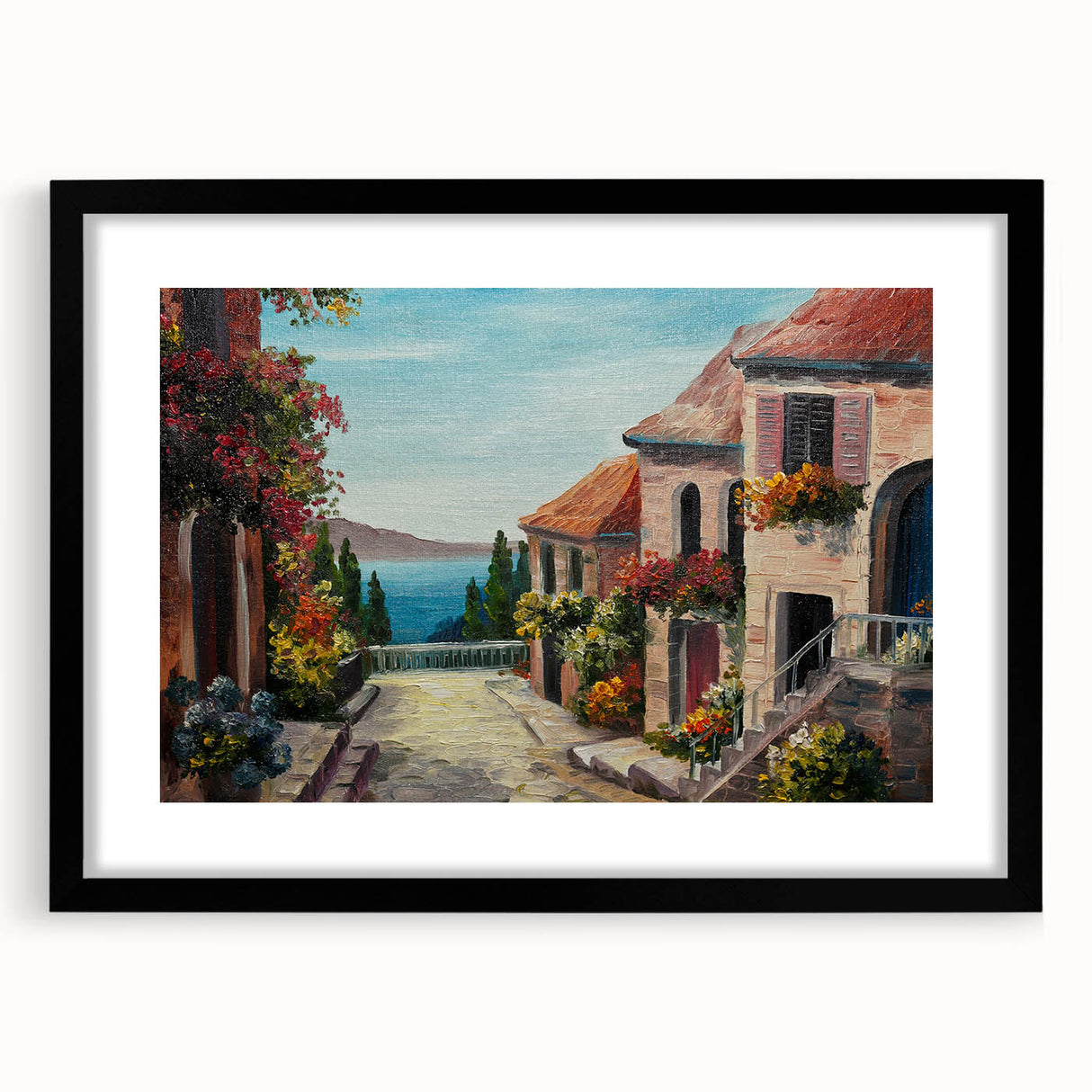 Extra large abstract art print with textured, colorful patterns, framed in black, ideal for living room decor.