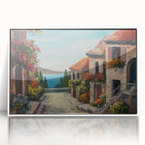 Art Deco poster featuring minimalist architecture houses in black and white, acrylic framed, ideal for nursery wall art.