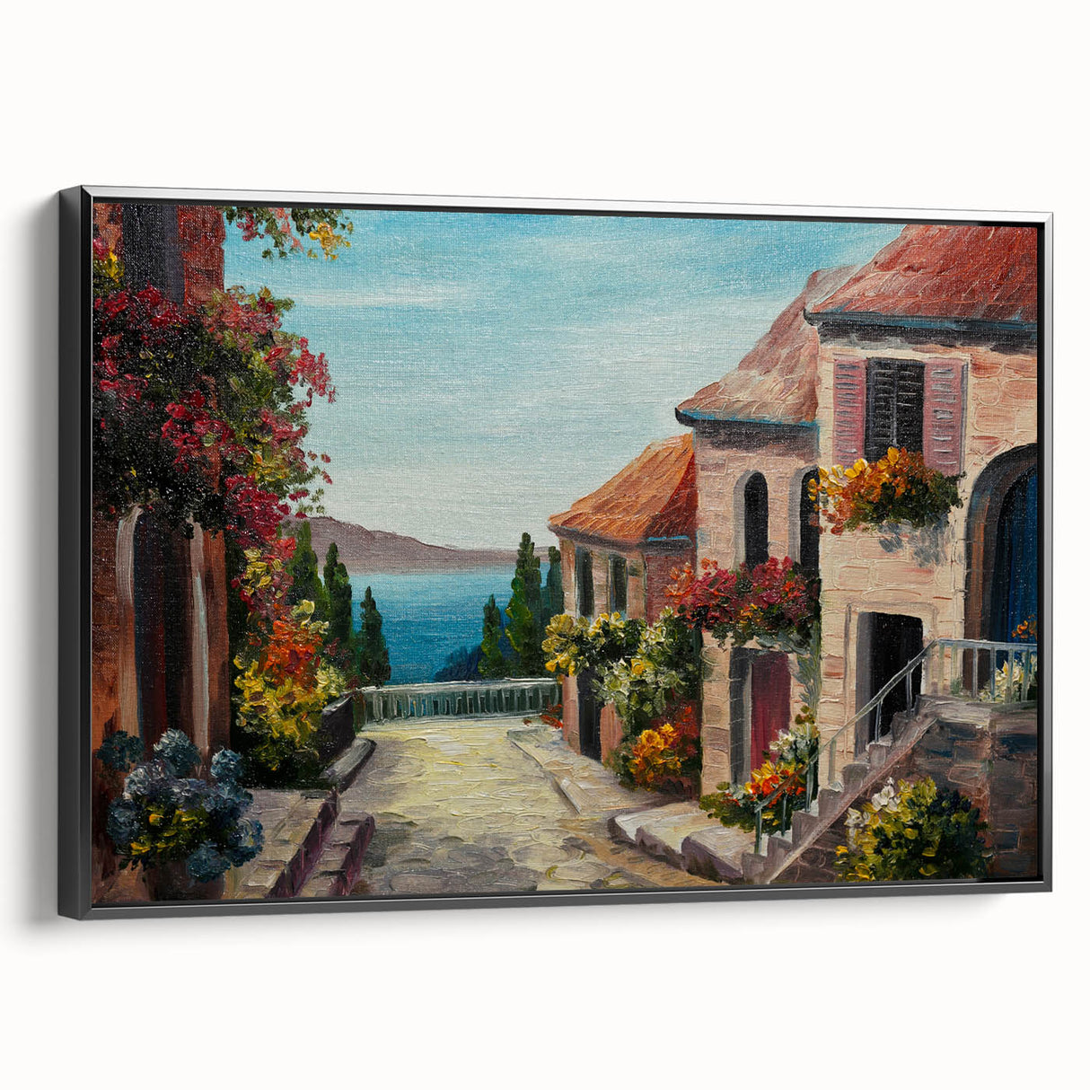 Black and white vintage poster art of architectural houses on framed canvas, suited for bedroom wall decor.