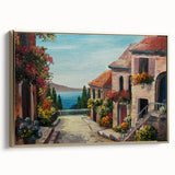 Framed canvas depicting a vintage-style landscape with muted earth tones, ideal for bedroom wall art.