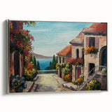 Framed canvas featuring a vintage landscape art painting of colorful houses, ideal for enhancing black wall decor.