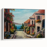 Vintage poster art featuring colorful, stylized houses on extra large framed canvas, ideal for living room decor.