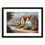 Extra large abstract art print featuring colorful, textured houses, on a black framed canvas, ideal for living room decor.