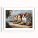 Abstract art print featuring geometric shapes in muted earth tones on a white framed canvas.