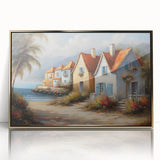 Mid-century modernist architecture in muted beige and gold tones, framed acrylic, ideal for modern art wall decor.