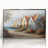 Mid-century modernist art depicting geometric houses in muted earth tones, acrylic print in a silver frame.