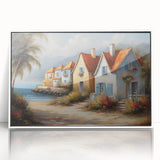 Art Deco poster featuring geometric houses in muted beige and white tones, acrylic print framed.